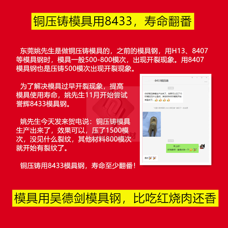 用于銅壓鑄模具的8433模具鋼，耐熱韌性好散熱快，壽命翻番且價(jià)格舒爽