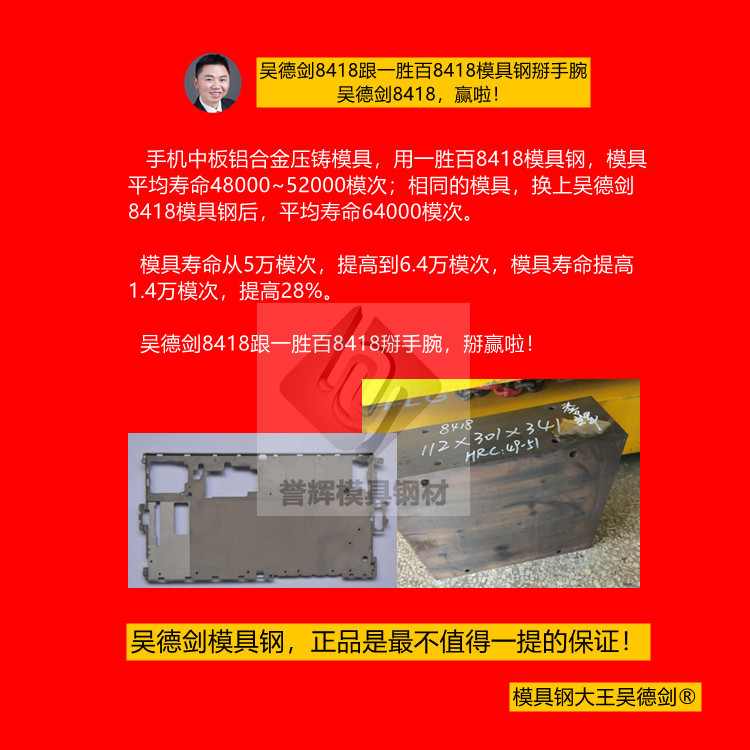 鋁合金壓鑄模具用什么材料最好？吳德劍8418模具鋼稱大哥，壽命提高28%