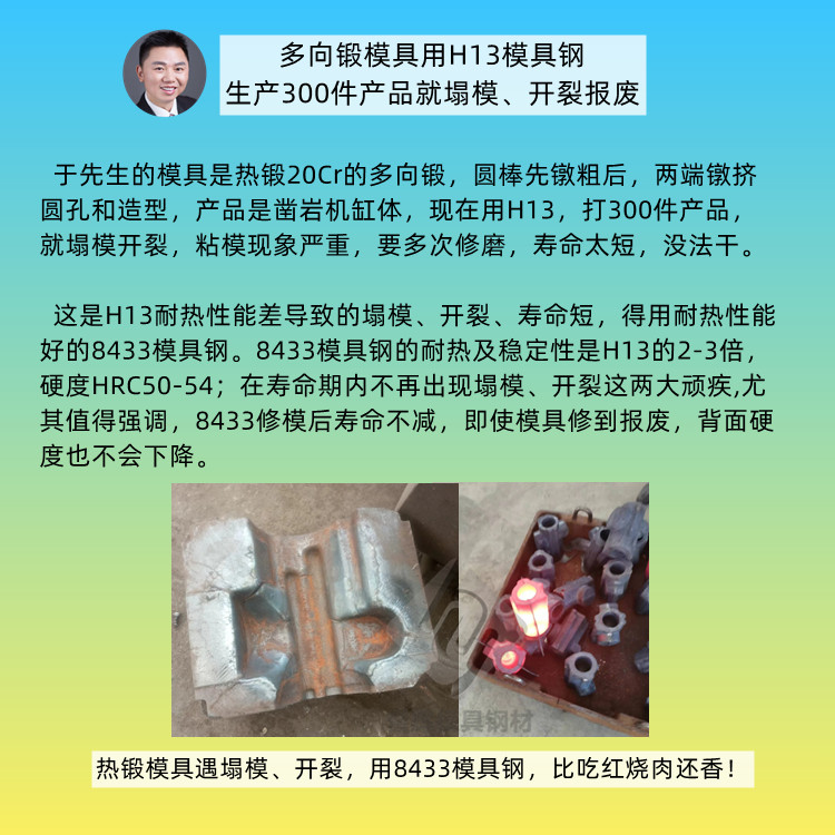 多向鍛模腔用H13、8407軟化太快，打幾百個就廢了，請問要用什么模具鋼？