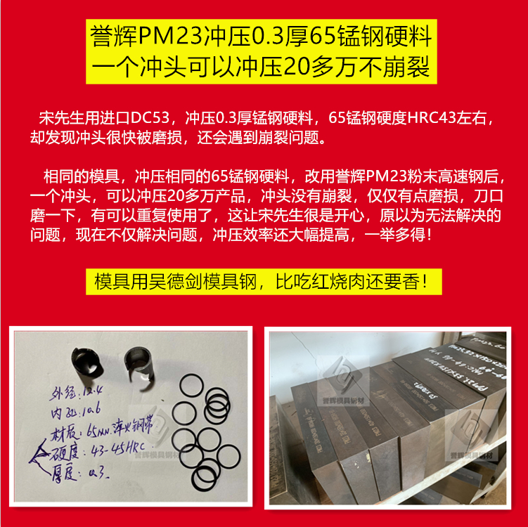 PM23沖壓0.3厚65錳鋼，一個(gè)沖頭可以沖壓20萬(wàn)個(gè)產(chǎn)品