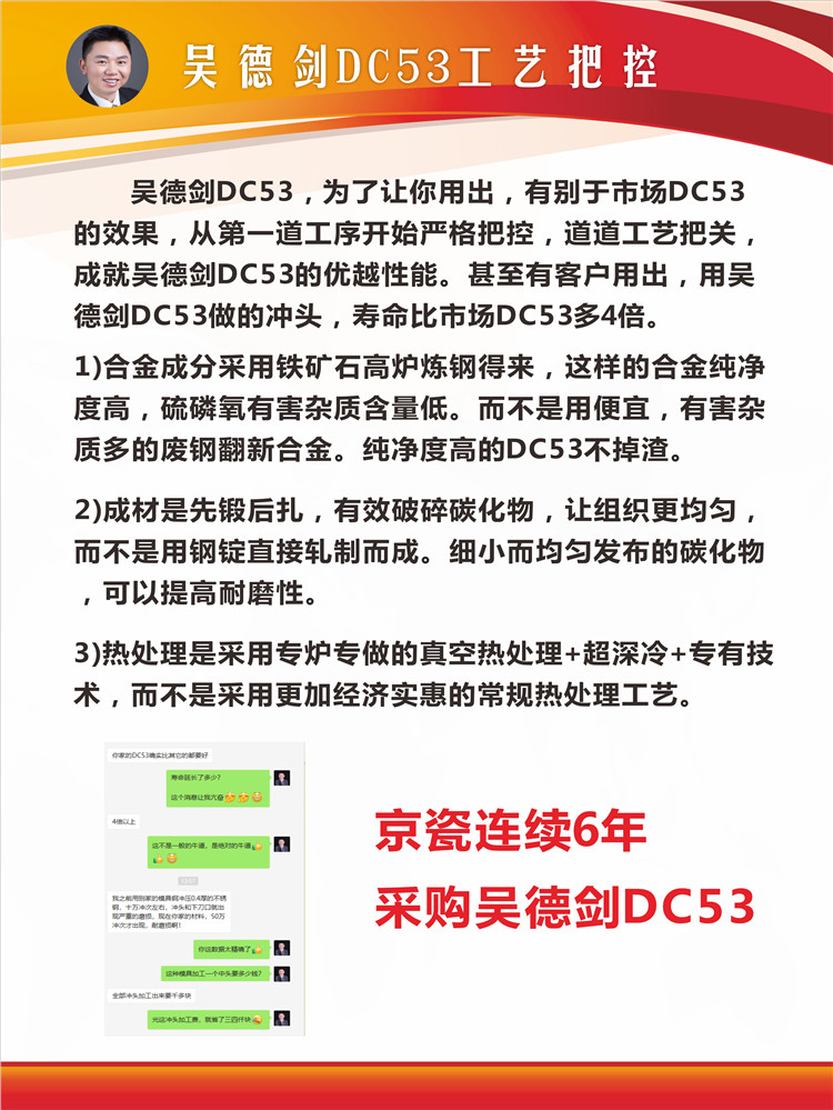 吳德劍DC53模具鋼，京瓷連續(xù)6年采購。DC53鋼材熟料，當天順豐發(fā)出，出貨比麥當勞還快。