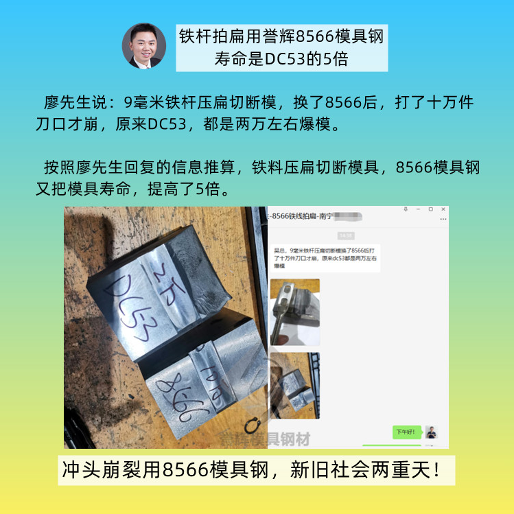 冷鐓拍扁模具用什么鋼材，用8566模具鋼，壽命是DC53的5倍（第442篇）