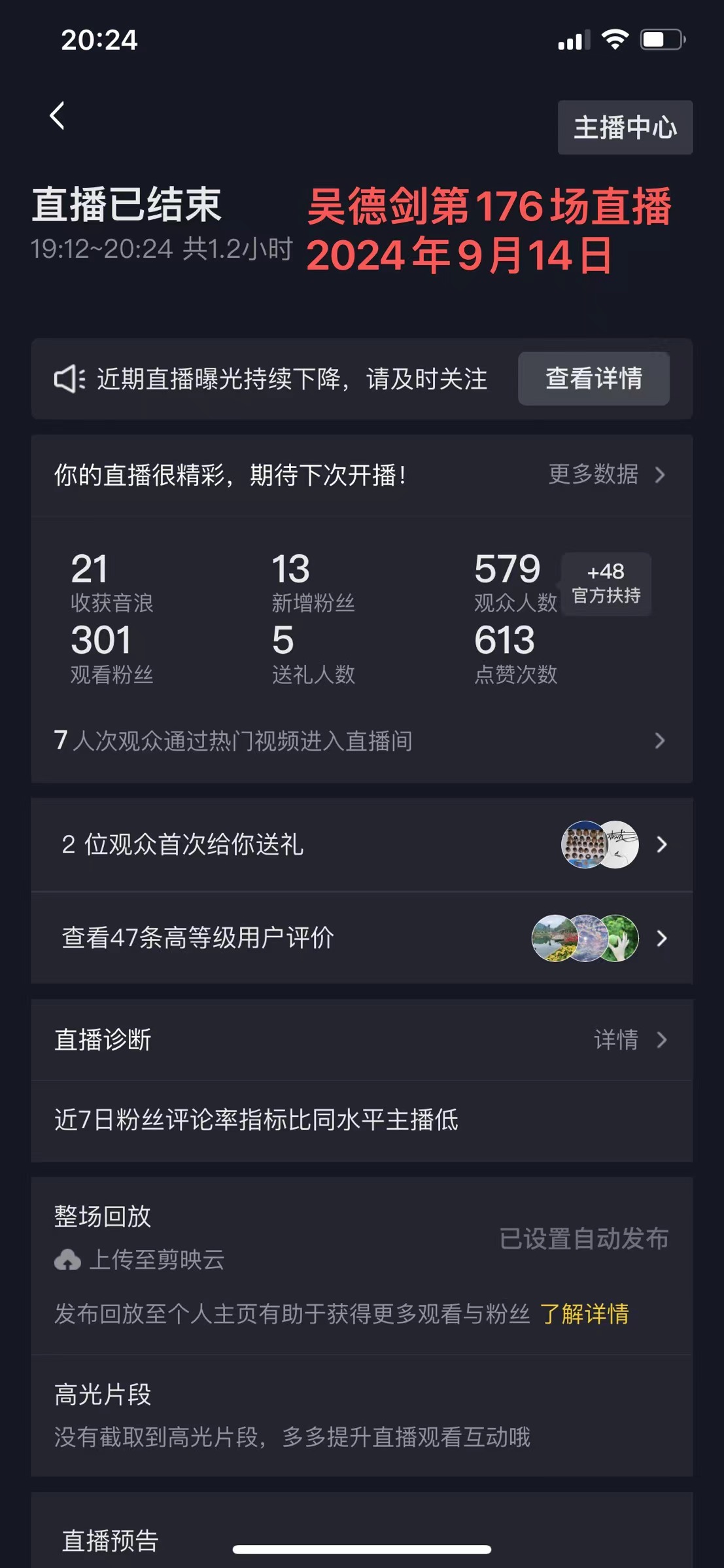 第176場(chǎng)直播：觀眾人數(shù)579人，觀看時(shí)長(zhǎng)2.6分鐘，新增粉絲13人